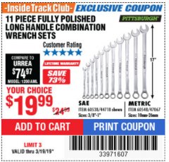 Harbor Freight ITC Coupon 11 PIECE FULLY POLISHED LONG HANDLE COMBINATION WRENCH SETS Lot No. 44718/60538/47067/60548 Expired: 3/19/19 - $19.99