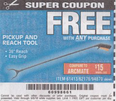 Harbor Freight FREE Coupon 36" PICKUP AND REACH TOOL Lot No. 94870/61413/62176 Expired: 9/6/18 - FWP