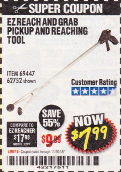 Harbor Freight Coupon EZ REACH AND GRAB PICKUP AND REACHING TOOL Lot No. 62752/69447 Expired: 11/30/18 - $7.99