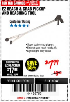 Harbor Freight Coupon EZ REACH AND GRAB PICKUP AND REACHING TOOL Lot No. 62752/69447 Expired: 12/31/18 - $7.99
