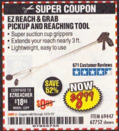 Harbor Freight Coupon EZ REACH AND GRAB PICKUP AND REACHING TOOL Lot No. 62752/69447 Expired: 10/31/19 - $8.99