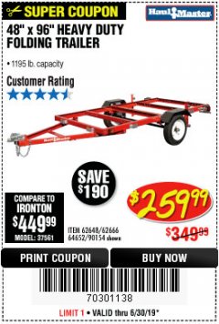 Harbor Freight Coupon 1195 LB. CAPACITY 4 FT. x 8 FT. HEAVY DUTY FOLDABLE UTILITY TRAILER Lot No. 62170/62648/62666/90154 Expired: 6/30/19 - $259.99