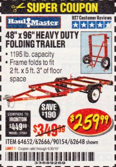 Harbor Freight Coupon 1195 LB. CAPACITY 4 FT. x 8 FT. HEAVY DUTY FOLDABLE UTILITY TRAILER Lot No. 62170/62648/62666/90154 Expired: 6/30/19 - $259.99