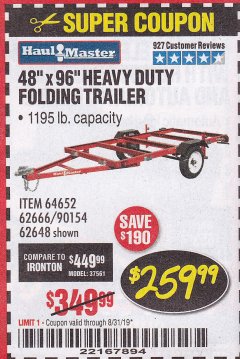 Harbor Freight Coupon 1195 LB. CAPACITY 4 FT. x 8 FT. HEAVY DUTY FOLDABLE UTILITY TRAILER Lot No. 62170/62648/62666/90154 Expired: 8/31/19 - $259.99