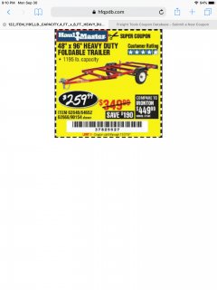 Harbor Freight Coupon 1195 LB. CAPACITY 4 FT. x 8 FT. HEAVY DUTY FOLDABLE UTILITY TRAILER Lot No. 62170/62648/62666/90154 Expired: 12/2/19 - $259.99