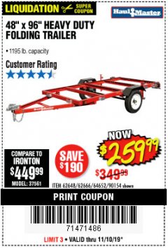 Harbor Freight Coupon 1195 LB. CAPACITY 4 FT. x 8 FT. HEAVY DUTY FOLDABLE UTILITY TRAILER Lot No. 62170/62648/62666/90154 Expired: 11/10/19 - $259.99