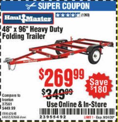 Harbor Freight Coupon 1195 LB. CAPACITY 4 FT. x 8 FT. HEAVY DUTY FOLDABLE UTILITY TRAILER Lot No. 62170/62648/62666/90154 Expired: 9/24/20 - $269.99