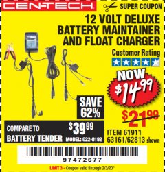 Harbor Freight Coupon 12 VOLT DELUXE BATTERY MAINTAINER AND FLOAT CHARGER Lot No. 63161/62813 Expired: 2/3/20 - $14.99
