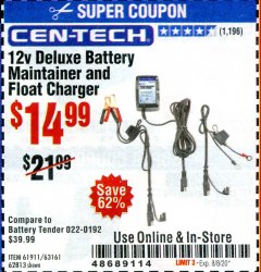 Harbor Freight Coupon 12 VOLT DELUXE BATTERY MAINTAINER AND FLOAT CHARGER Lot No. 63161/62813 Expired: 8/8/20 - $14.99