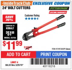 Harbor Freight ITC Coupon 18" BOLT CUTTERS Lot No. 41148/60683 Expired: 3/26/19 - $11.99