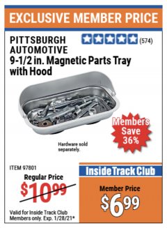 Harbor Freight ITC Coupon 9-1/2" MAGNETIC PARTS TRAY WITH HOOD Lot No. 97801 Expired: 1/28/21 - $6.99