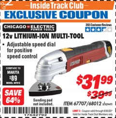 Harbor Freight ITC Coupon 12 VOLT LITHIUM-ION VARIABLE SPEED MULTIFUNCTION POWER TOOL Lot No. 67707/68012 Expired: 6/30/20 - $31.99