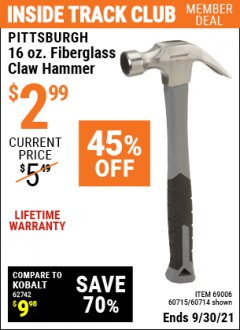 Harbor Freight ITC Coupon 16 OZ. HAMMERS WITH FIBERGLASS HANDLE Lot No. 47872/69006/60715/60714/47873/69005/61262 Expired: 9/30/21 - $2.99