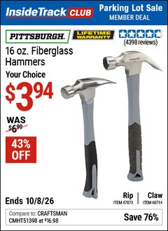 Harbor Freight ITC Coupon PITTSBURGH 16 OZ. FIBERGLASS HAMMER Lot No. 47873/60714 Expired: 10/8/26 - $3.94