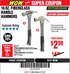 Harbor Freight Coupon 16 OZ. HAMMERS WITH FIBERGLASS HANDLE Lot No. 47872/69006/60715/60714/47873/69005/61262 Expired: 3/17/19 - $2.99