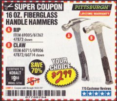 Harbor Freight Coupon PITTSBURGH 16 OZ. FIBERGLASS HAMMER Lot No. 47873/69005/61262/60714 Expired: 10/31/19 - $2.99