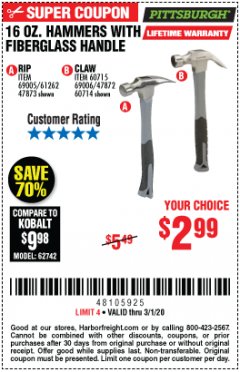 Harbor Freight Coupon 16 OZ. HAMMERS WITH FIBERGLASS HANDLE Lot No. 47872/69006/60715/60714/47873/69005/61262 Expired: 3/1/20 - $2.99