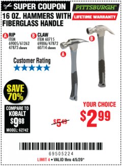 Harbor Freight Coupon 16 OZ. HAMMERS WITH FIBERGLASS HANDLE Lot No. 47872/69006/60715/60714/47873/69005/61262 Expired: 6/30/20 - $2.99