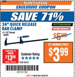 Harbor Freight ITC Coupon 24" QUICK RELEASE BAR CLAMP Lot No. 96213 Expired: 10/23/18 - $3.99