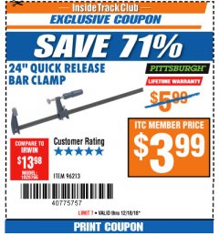 Harbor Freight ITC Coupon 24" QUICK RELEASE BAR CLAMP Lot No. 96213 Expired: 12/18/18 - $3.99