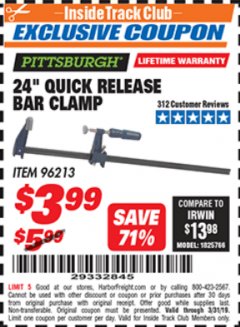 Harbor Freight ITC Coupon 24" QUICK RELEASE BAR CLAMP Lot No. 96213 Expired: 3/31/19 - $3.99