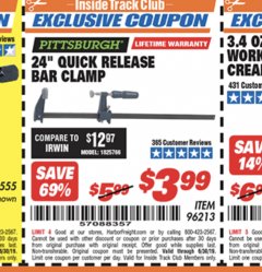 Harbor Freight ITC Coupon 24" QUICK RELEASE BAR CLAMP Lot No. 96213 Expired: 6/30/19 - $3.99