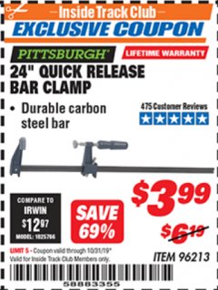 Harbor Freight ITC Coupon 24" QUICK RELEASE BAR CLAMP Lot No. 96213 Expired: 10/31/19 - $3.99
