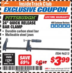 Harbor Freight ITC Coupon 24" QUICK RELEASE BAR CLAMP Lot No. 96213 Expired: 12/31/19 - $3.99