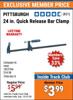 Harbor Freight ITC Coupon 24" QUICK RELEASE BAR CLAMP Lot No. 96213 Expired: 10/31/20 - $3.99