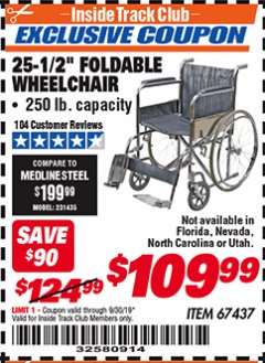 Harbor Freight ITC Coupon 24" FOLDABLE WHEELCHAIR Lot No. 67437 Expired: 9/30/19 - $109.99