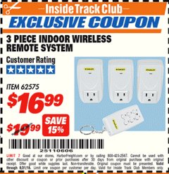 Harbor Freight ITC Coupon INDOOR WIRELESS REMOTE SYSTEM PACK OF 3 Lot No. 62575/68759 Expired: 8/31/18 - $16.99