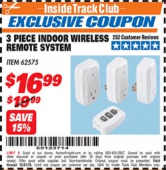 Harbor Freight ITC Coupon INDOOR WIRELESS REMOTE SYSTEM PACK OF 3 Lot No. 62575/68759 Expired: 12/31/18 - $16.99