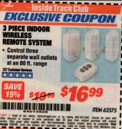 Harbor Freight ITC Coupon INDOOR WIRELESS REMOTE SYSTEM PACK OF 3 Lot No. 62575/68759 Expired: 7/31/19 - $16.99