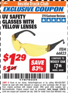 Harbor Freight ITC Coupon UV SAFETY GLASSES WITH YELLOW LENSES Lot No. 66823 Expired: 2/28/19 - $1.29