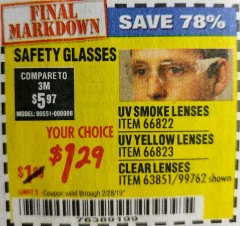 Harbor Freight Coupon UV SAFETY GLASSES WITH YELLOW LENSES Lot No. 66823 Expired: 2/28/19 - $1.29
