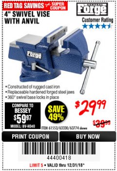 Harbor Freight Coupon 4" SWIVEL VISE WITH ANVIL Lot No. 61553/67035 Expired: 12/31/18 - $29.99