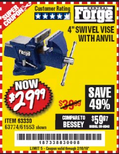 Harbor Freight Coupon 4" SWIVEL VISE WITH ANVIL Lot No. 61553/67035 Expired: 2/16/19 - $29.99
