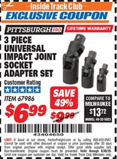 Harbor Freight ITC Coupon 3 PIECE UNIVERSAL IMPACT JOINT SOCKET ADAPTER SET Lot No. 67986 Expired: 6/30/18 - $6.99
