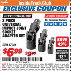 Harbor Freight ITC Coupon 3 PIECE UNIVERSAL IMPACT JOINT SOCKET ADAPTER SET Lot No. 67986 Expired: 2/28/19 - $6.99