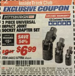 Harbor Freight ITC Coupon PITTSBURGH PRO UNIVERSAL IMPACT JOINT SET, 3-PIECE Lot No. 67986 Expired: 5/31/19 - $6.99