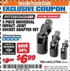 Harbor Freight ITC Coupon 3 PIECE UNIVERSAL IMPACT JOINT SOCKET ADAPTER SET Lot No. 67986 Expired: 4/30/20 - $6.99