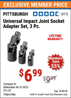 Harbor Freight ITC Coupon 3 PIECE UNIVERSAL IMPACT JOINT SOCKET ADAPTER SET Lot No. 67986 Expired: 9/30/20 - $6.99