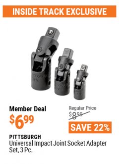 Harbor Freight ITC Coupon 3 PIECE UNIVERSAL IMPACT JOINT SOCKET ADAPTER SET Lot No. 67986 Expired: 4/29/21 - $6.99