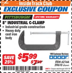 Harbor Freight ITC Coupon 8" INDUSTRIAL C-CLAMP Lot No. 39610/62166 Expired: 10/31/19 - $5.99