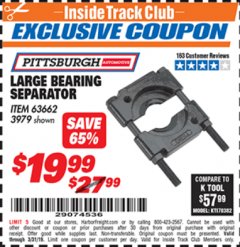 Harbor Freight ITC Coupon LARGE BEARING SEPARATOR Lot No. 3979 Expired: 3/31/19 - $19.99