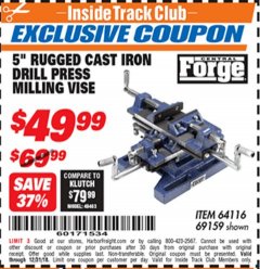 Harbor Freight ITC Coupon 5" RUGGED CAST IRON DRILL PRESS MILLING VISE Lot No. 69159/94276 Expired: 12/31/18 - $49.99