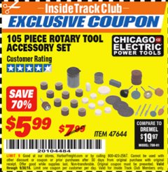 Harbor Freight ITC Coupon CHICAGO ELECTRIC 105 PC. ROTARY TOOL ACCESSORY SET Lot No. 47644 Expired: 9/30/18 - $5.99