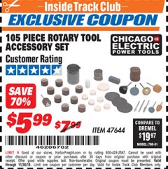 Harbor Freight ITC Coupon 105 PIECE ROTARY TOOL ACCESSORY SET Lot No. 47644 Expired: 10/30/18 - $5.99