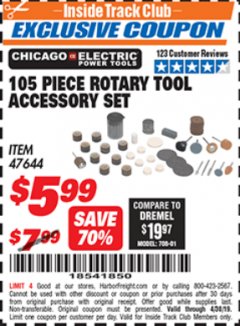 Harbor Freight ITC Coupon 105 PIECE ROTARY TOOL ACCESSORY SET Lot No. 47644 Expired: 4/30/19 - $5.99