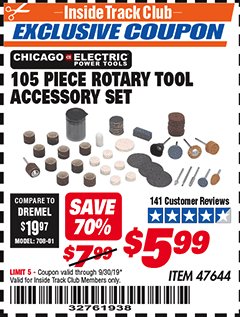 Harbor Freight ITC Coupon CHICAGO ELECTRIC 105 PC. ROTARY TOOL ACCESSORY SET Lot No. 47644 Expired: 9/30/19 - $5.99